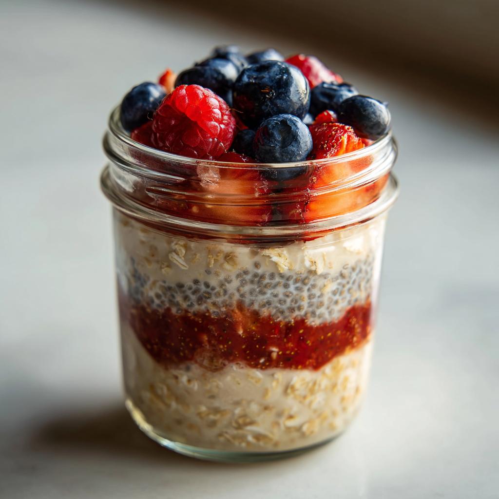 Overnight oats layered with chia seeds and jam, topped with fresh blueberries and raspberries for a perfect grab-and-go breakfast idea.
