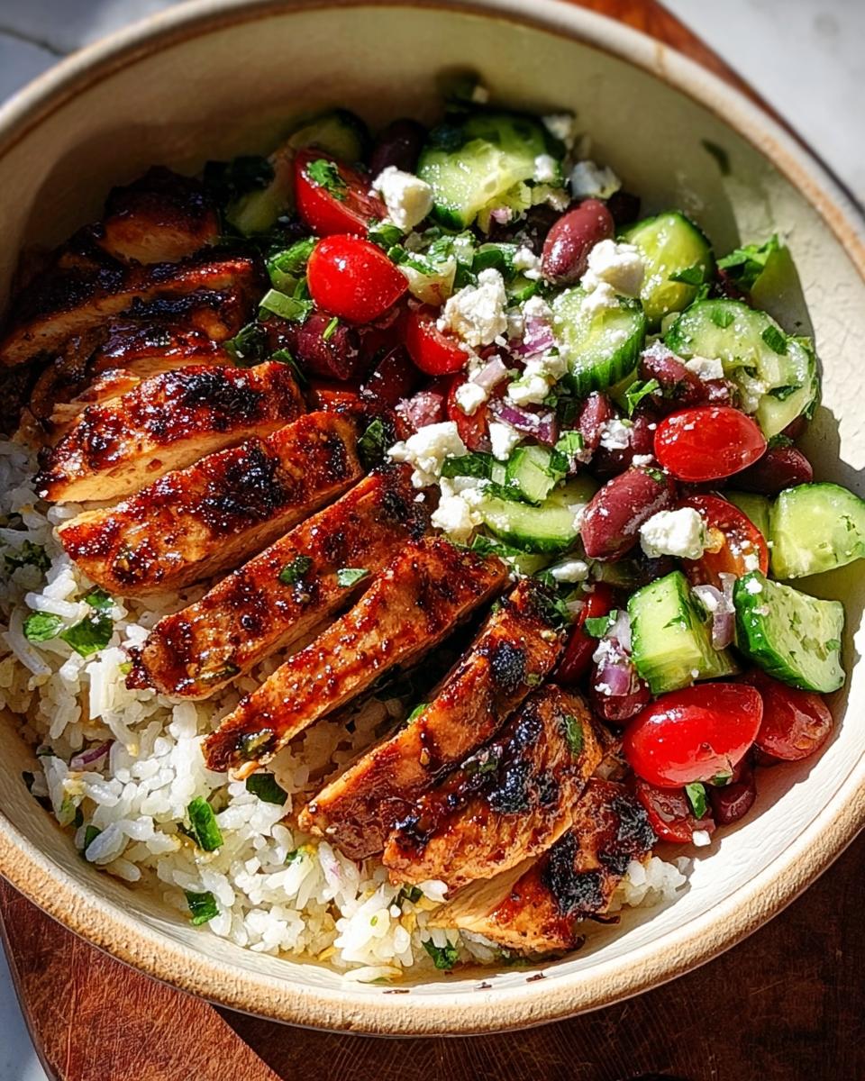 Close-up of a bowl featuring sliced, glazed chicken breast served over rice next to a fresh Greek salad mix.