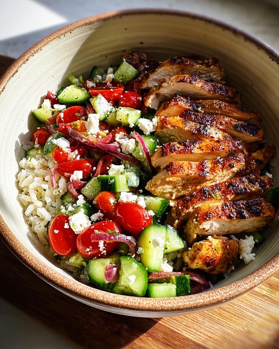 A close-up overhead view of a bowl featuring seasoned sliced chicken next to a fresh Greek salad mix for Greek Chicken Salad Bowls.