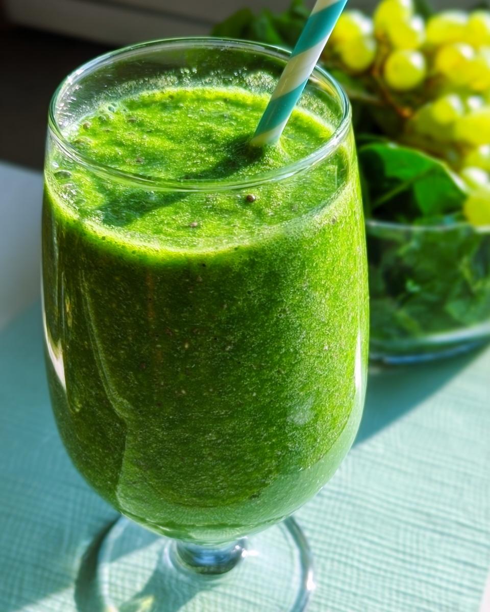 Close-up of a vibrant Green Detox Smoothie in a stemmed glass with a striped straw, with grapes blurred in the background.