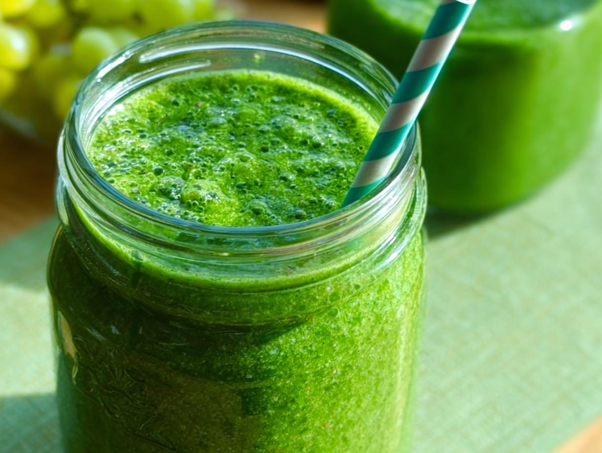 Close-up of a vibrant Green Detox Smoothie in a mason jar with a striped straw.