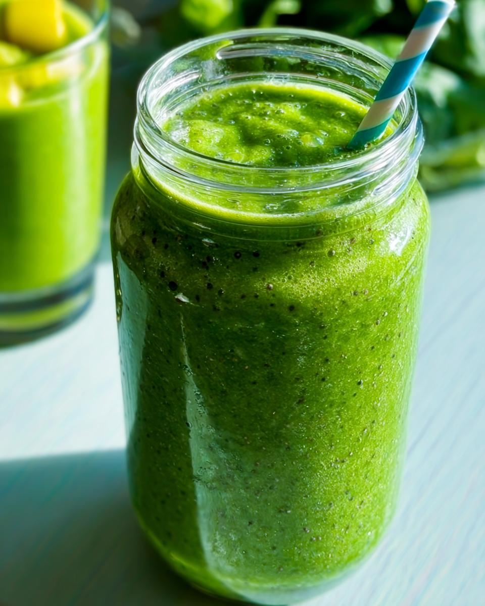 Close-up of a thick, bright Green Detox Smoothie served in a glass mason jar with a striped straw.