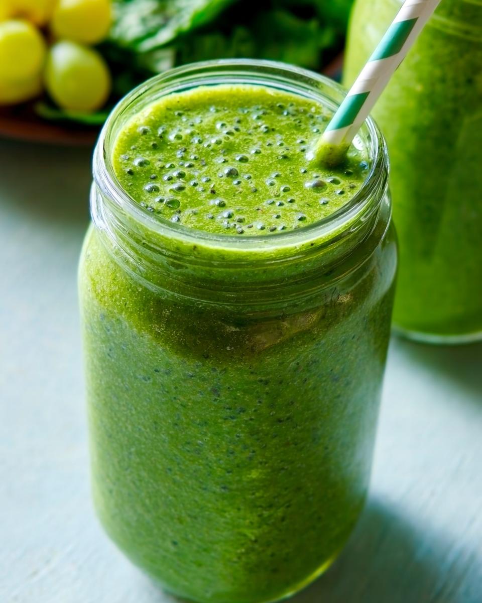 Close-up of a thick, vibrant Green Detox Smoothie served in a glass mason jar with a striped straw.