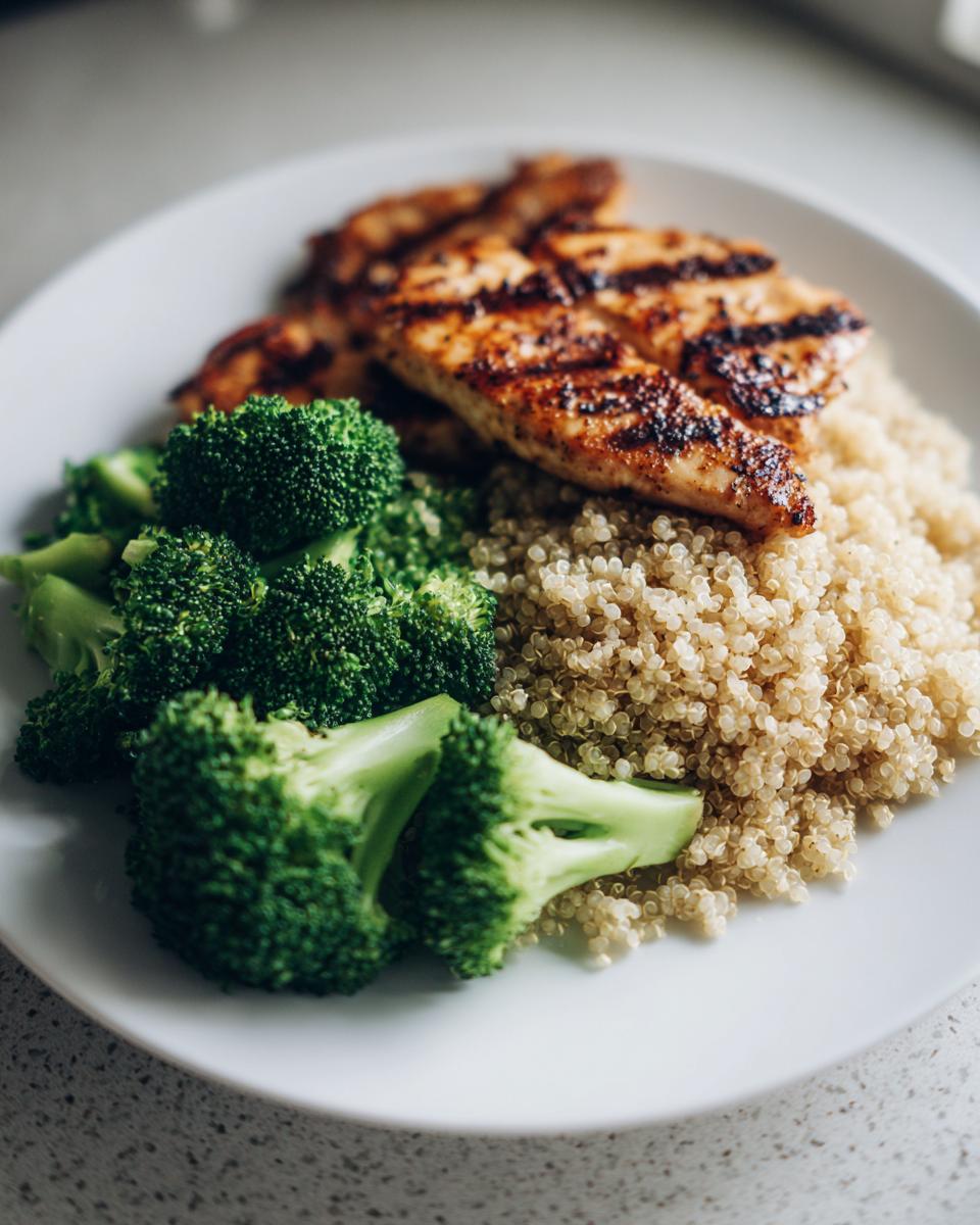 A plate featuring grilled chicken breast, steamed broccoli florets, and fluffy quinoa, perfect for a 5-Day Clean Eating Meal Plan.