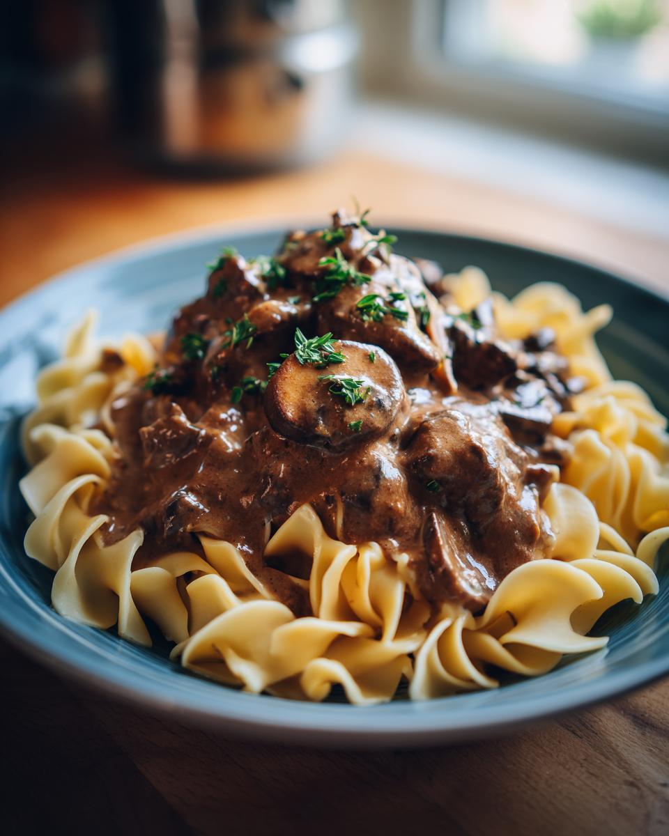 A close-up of creamy Ground Beef Stroganoff served over wide egg noodles, garnished with fresh thyme.
