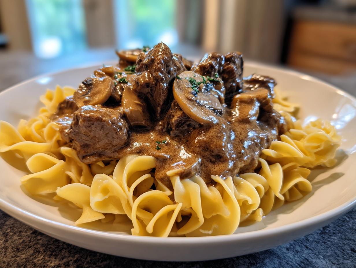 A close-up of hearty Ground Beef Stroganoff served over wide egg noodles in a white bowl.