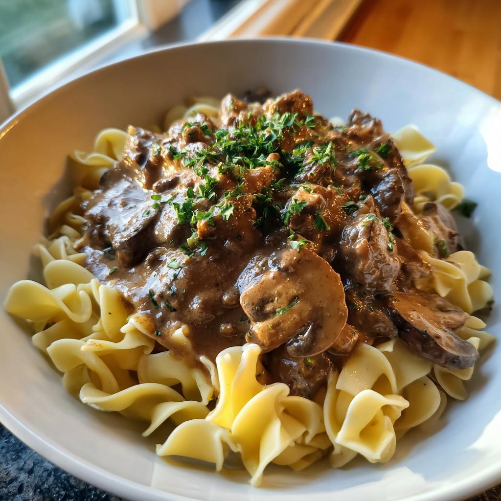 A bowl of creamy Ground Beef Stroganoff served over wide egg noodles, garnished with fresh parsley.
