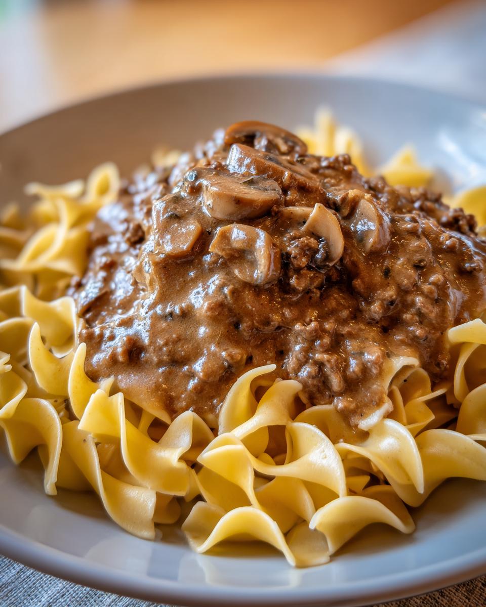 Close-up of creamy Ground Beef Stroganoff sauce with mushrooms served over wide egg noodles in a light bowl.