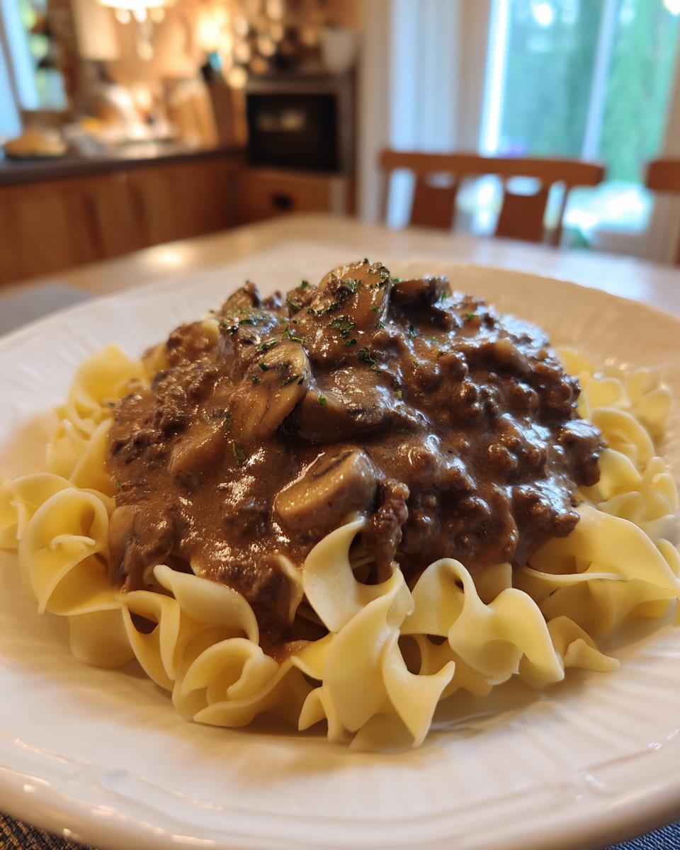 A close-up of Ground Beef Stroganoff served over wide egg noodles on a white plate.