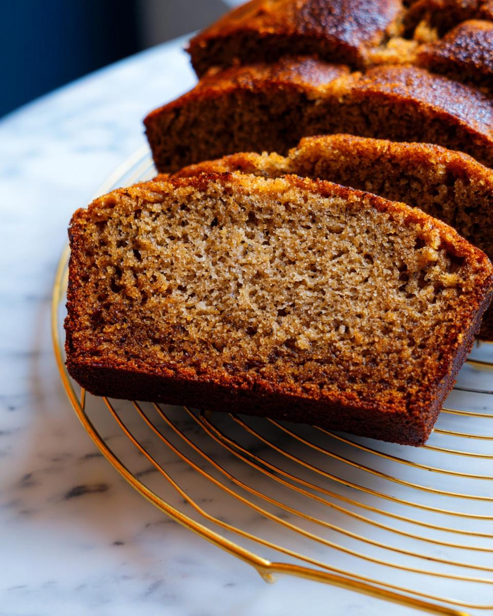 Close-up of a thick slice of moist Healthy Banana Bread (Whole Wheat) showing the crumb texture, resting on a gold cooling rack.