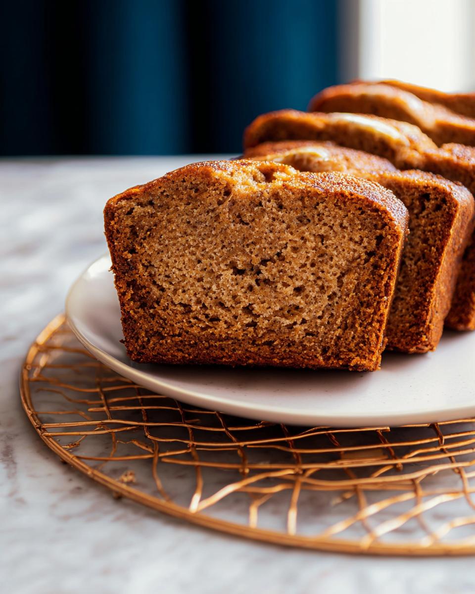 Close-up of a thick slice of moist Healthy Banana Bread (Whole Wheat) showing its crumb texture.