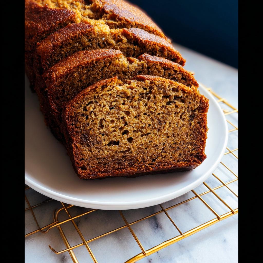 A close-up of a freshly baked, sliced loaf of Healthy Banana Bread (Whole Wheat) resting on a white plate over a gold cooling rack.