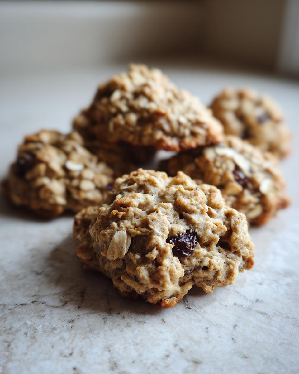 A close-up stack of several Healthy Banana Oatmeal Cookies studded with visible oats and raisins on a light countertop.