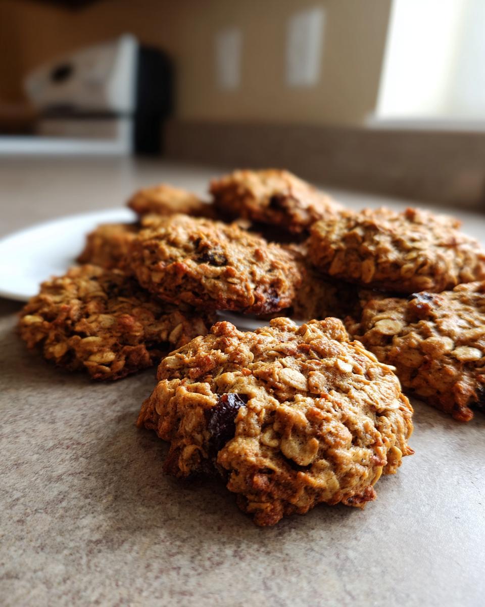 A close-up, low-angle shot of several textured Healthy Banana Oatmeal Cookies resting on a neutral countertop.