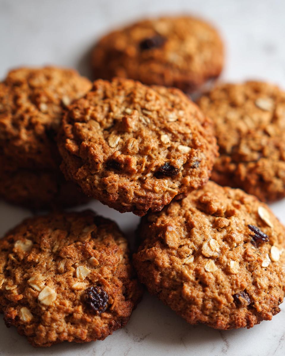 A stack of freshly baked Healthy Banana Oatmeal Cookies featuring visible oats and raisins.