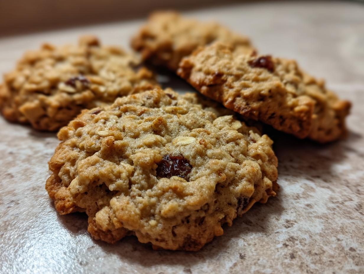 A close-up, shallow depth-of-field photo showing several freshly baked Healthy Banana Oatmeal Cookies with visible oats and raisins.