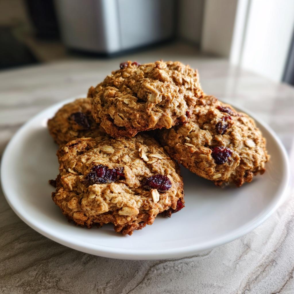 A stack of four golden brown Healthy Banana Oatmeal Cookies studded with dried cranberries on a white plate.