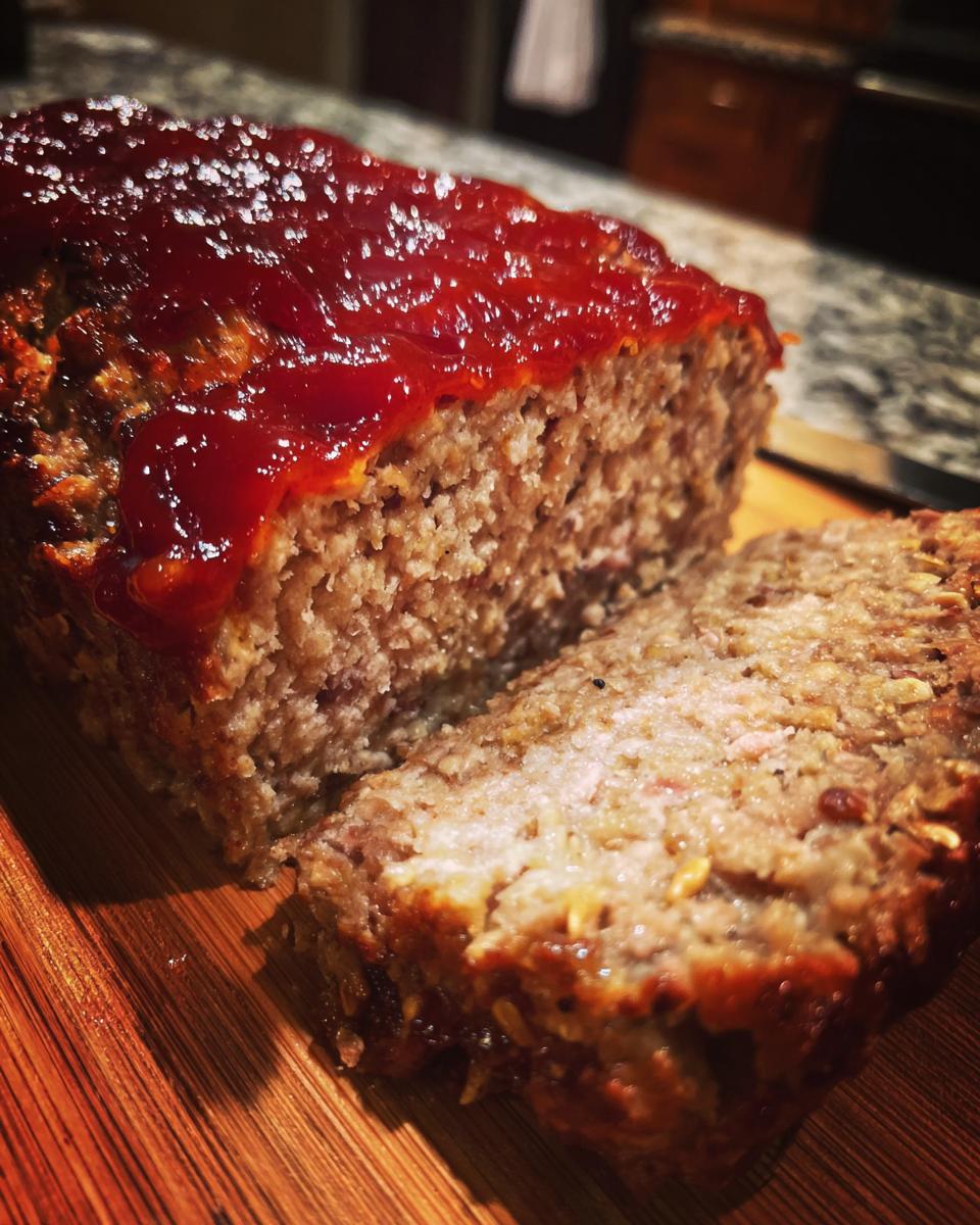 A close-up, sliced view of a moist Healthy Chicken Meatloaf topped with a shiny red glaze.