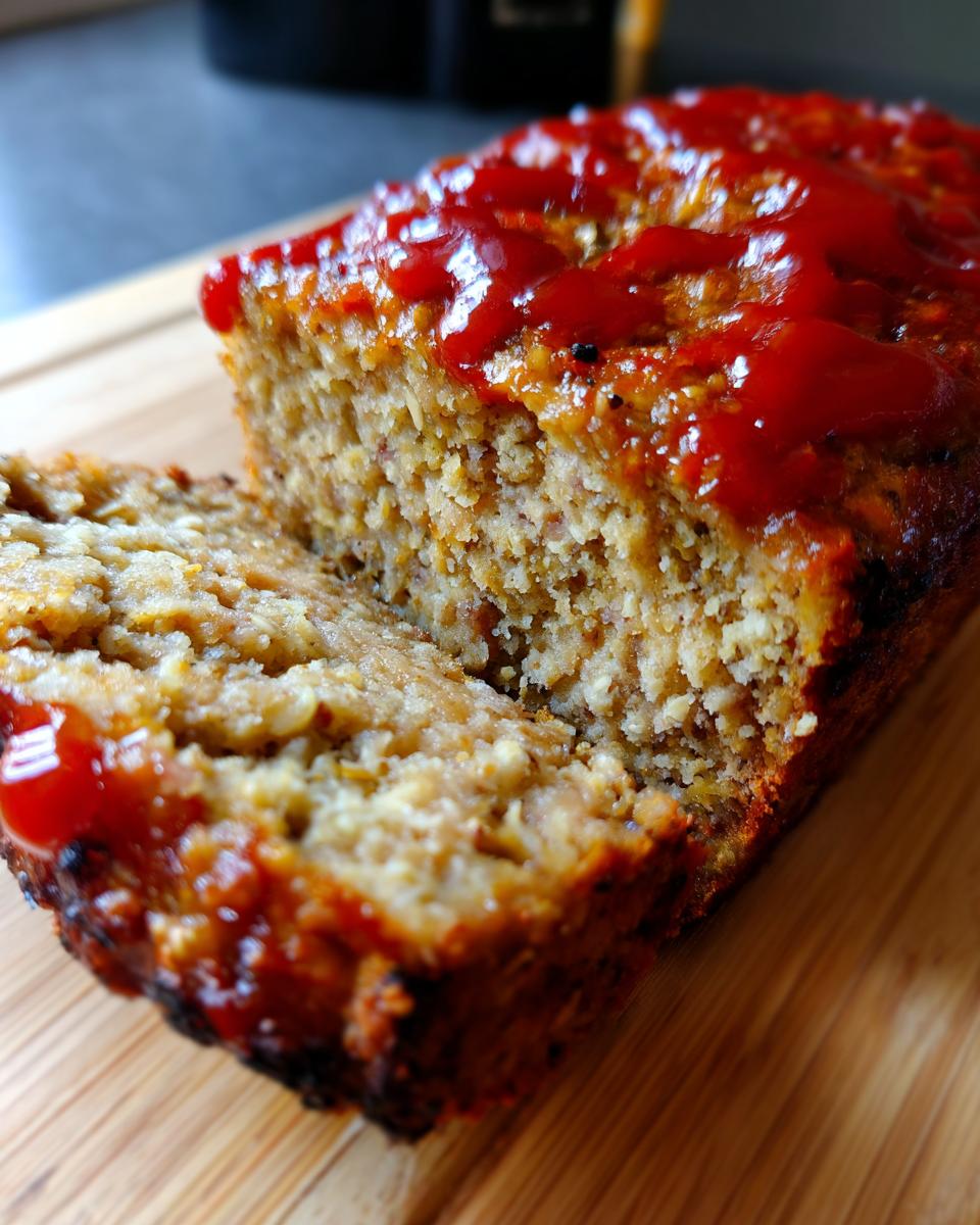 Close-up of a slice cut from the Healthy Chicken Meatloaf, showing its texture and bright red glaze topping.
