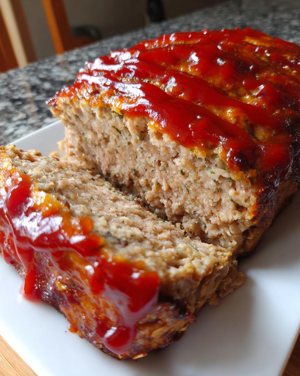 Close-up of a slice cut from a Healthy Chicken Meatloaf, topped with a thick, glossy ketchup glaze.