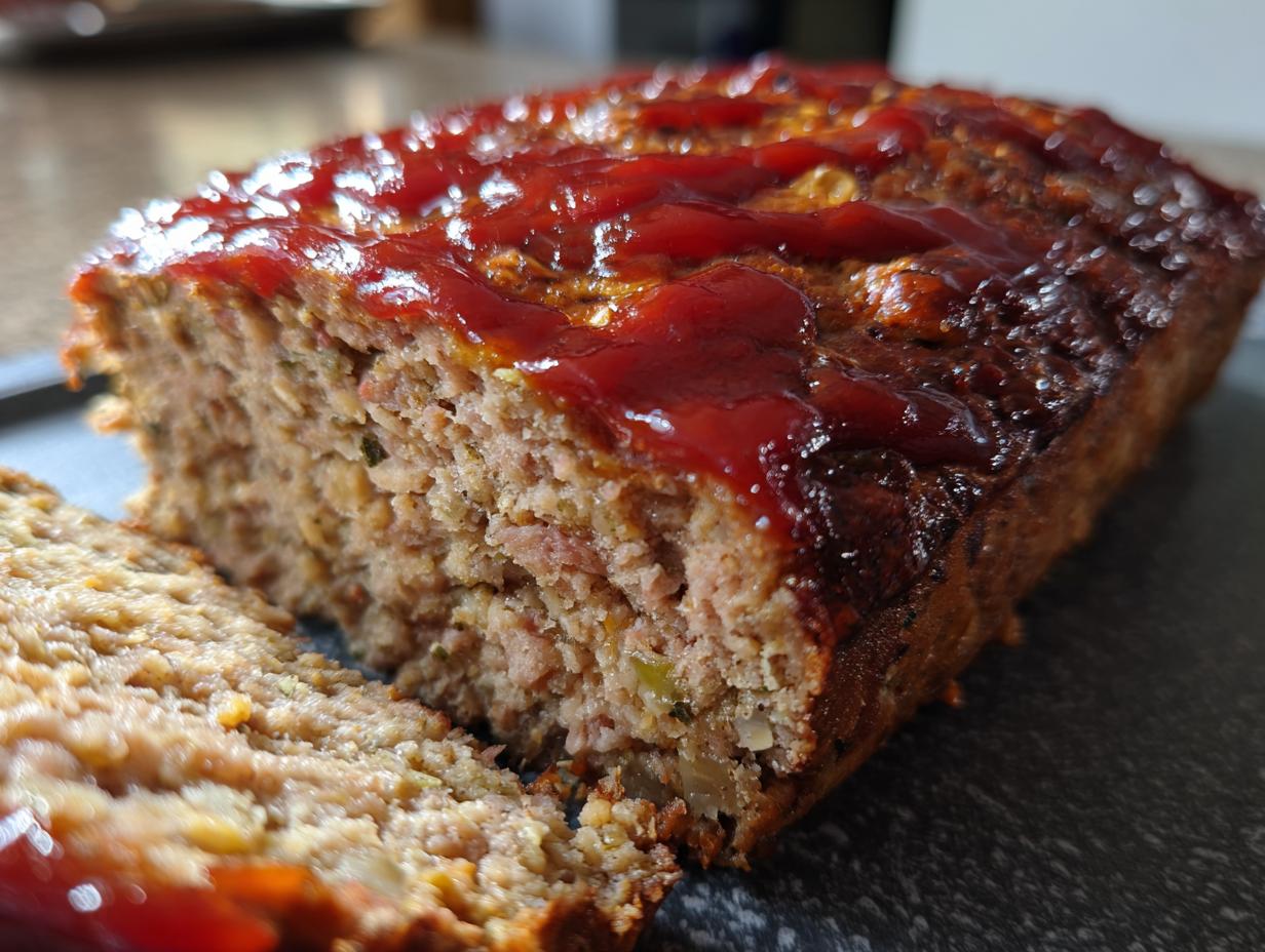 Close-up of a sliced Healthy Chicken Meatloaf topped with a shiny red ketchup glaze.