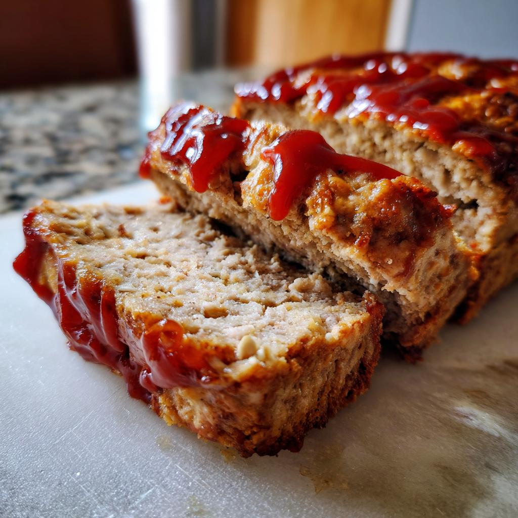Close-up of two slices of Healthy Chicken Meatloaf topped with dripping ketchup glaze.