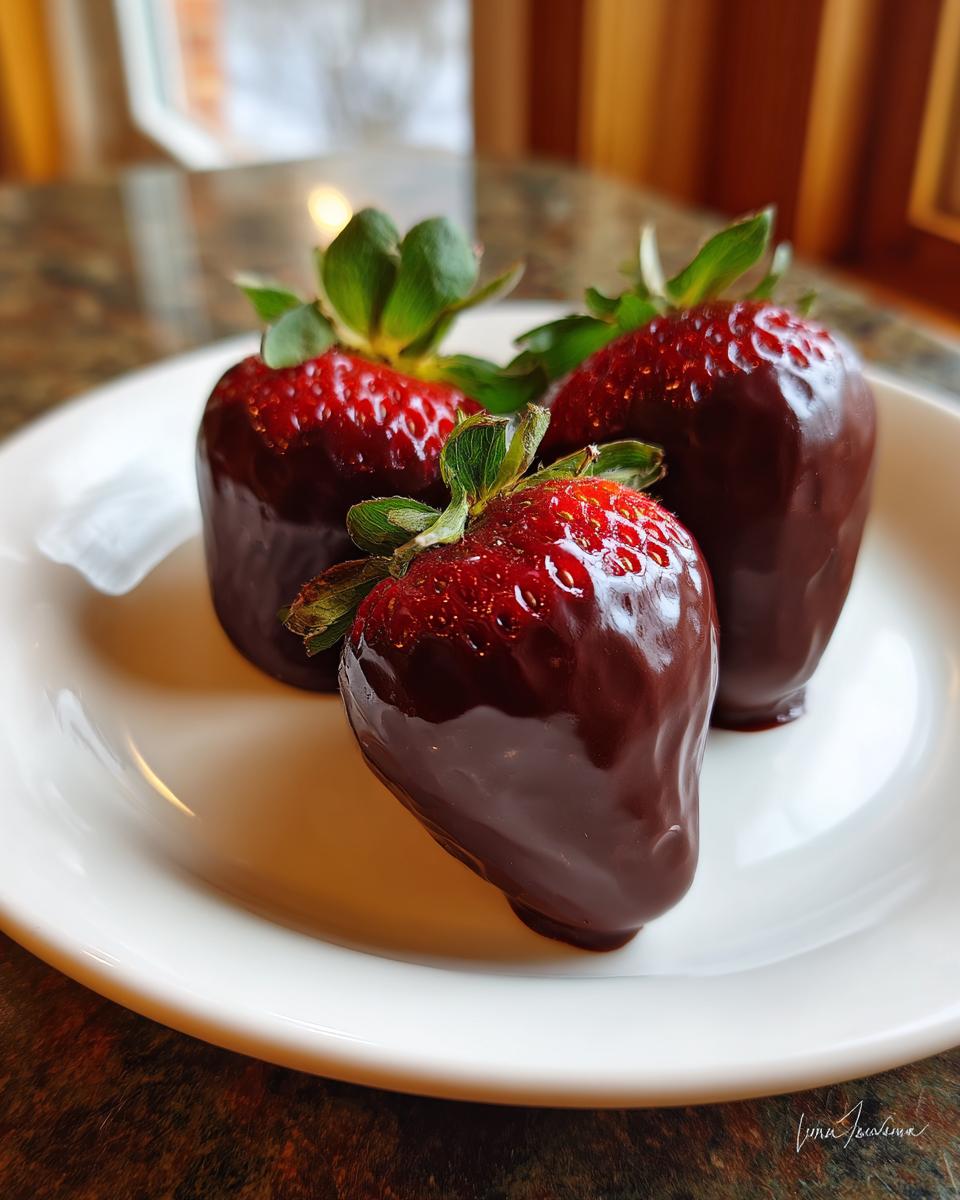 Three fresh strawberries partially dipped in dark chocolate, perfect for Valentine’s Day Healthy Dessert Ideas.