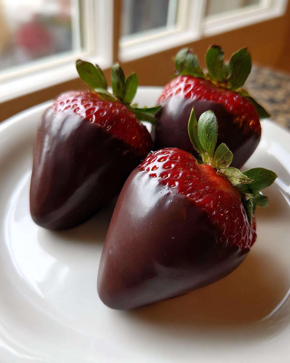 Three fresh strawberries partially dipped in dark chocolate, perfect for Valentine’s Day Healthy Dessert Ideas.
