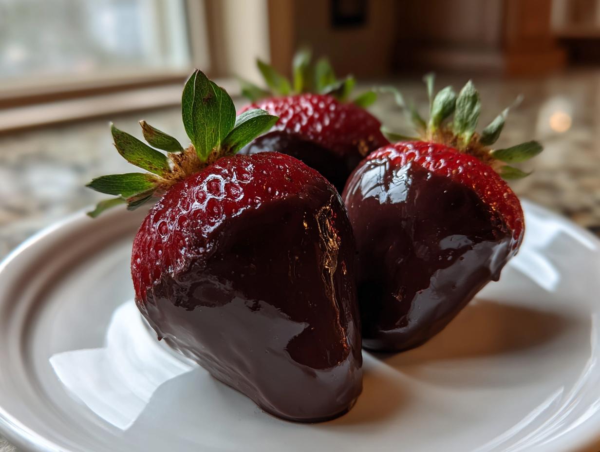 Three fresh strawberries partially dipped in dark chocolate, perfect for Valentine’s Day Healthy Dessert Ideas.