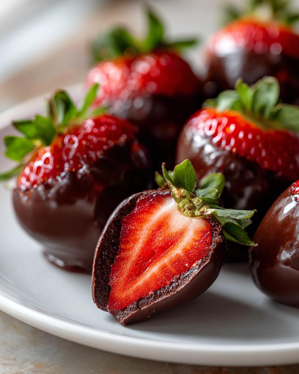 Close-up of chocolate covered strawberries, one cut in half showing the bright red interior, perfect for Valentine’s Day Healthy Treats.