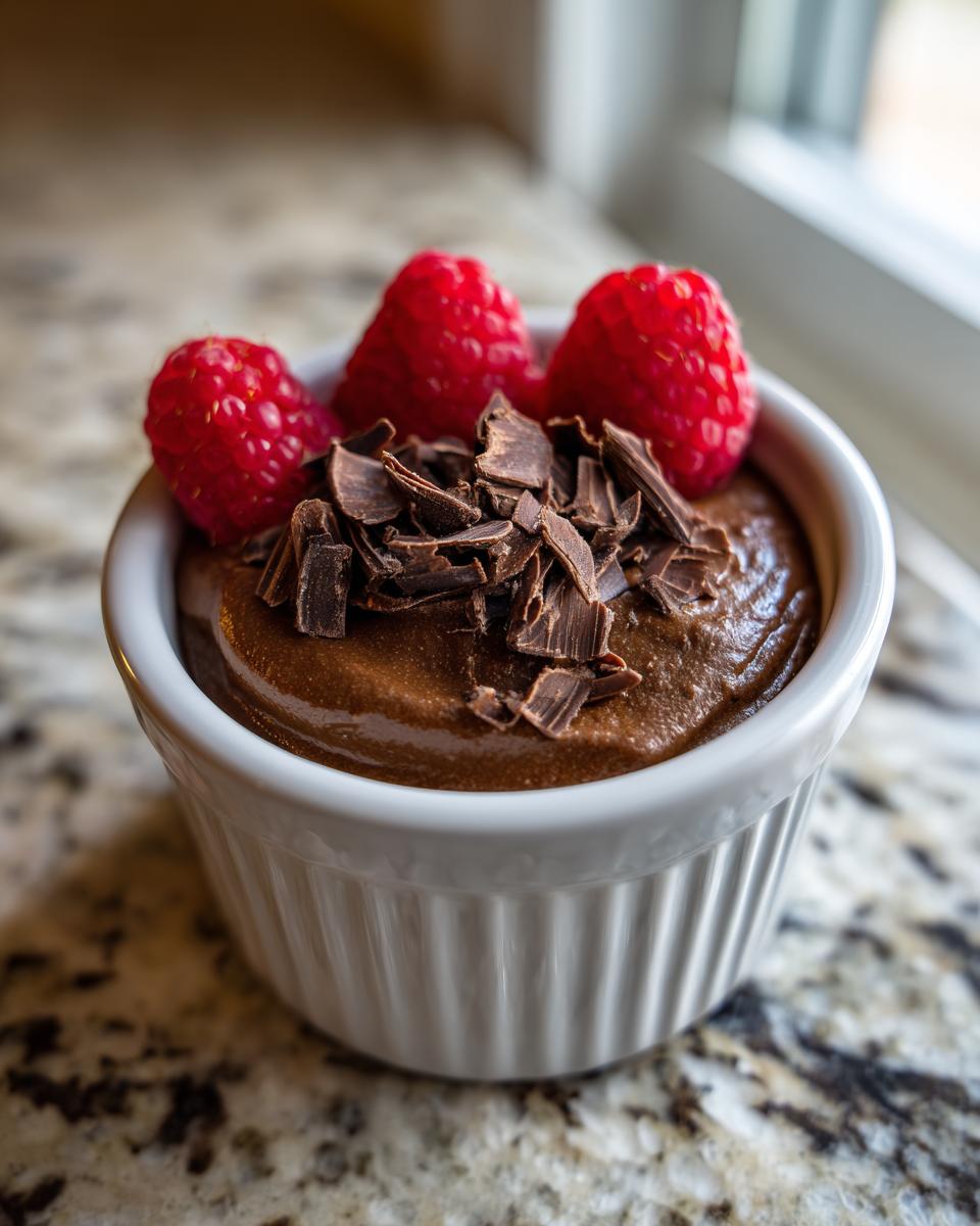 Rich chocolate mousse topped with fresh raspberries and chocolate shavings, perfect for Valentine’s Day Healthy Dessert Ideas.
