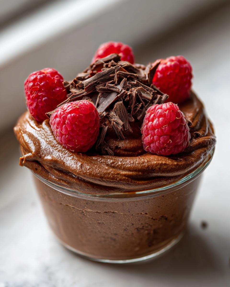 Rich chocolate mousse topped with fresh raspberries and chocolate shavings, a perfect Valentine’s Day Healthy Dessert Idea.