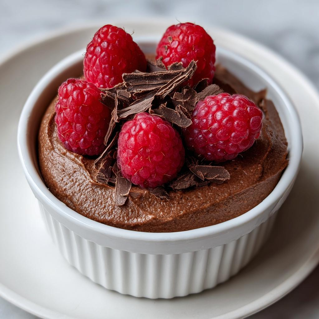 Rich chocolate mousse topped with fresh raspberries and chocolate shavings, perfect for Valentine’s Day Healthy Dessert Ideas.
