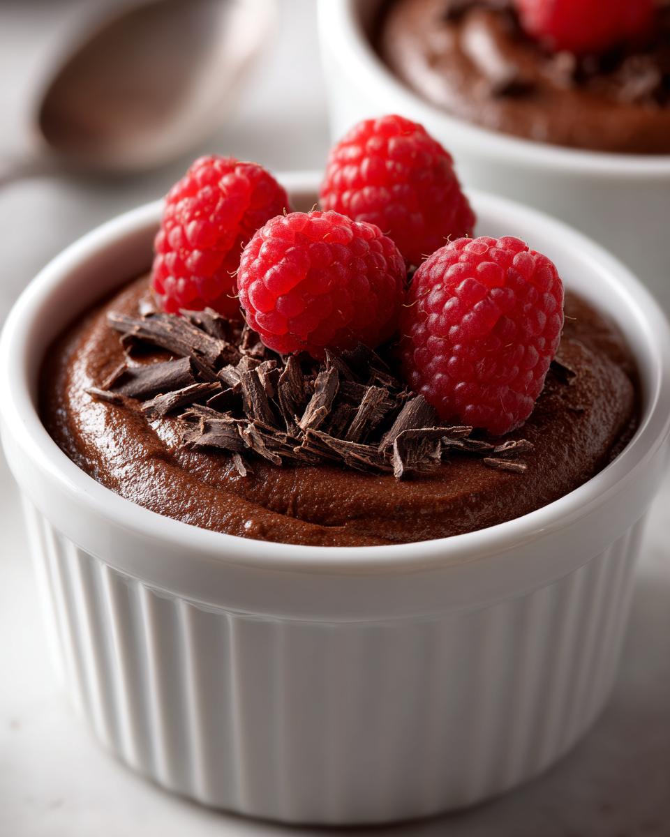 Close-up of healthy chocolate mousse topped with fresh raspberries and chocolate shavings, perfect for Valentine’s Day Healthy Dessert Ideas.