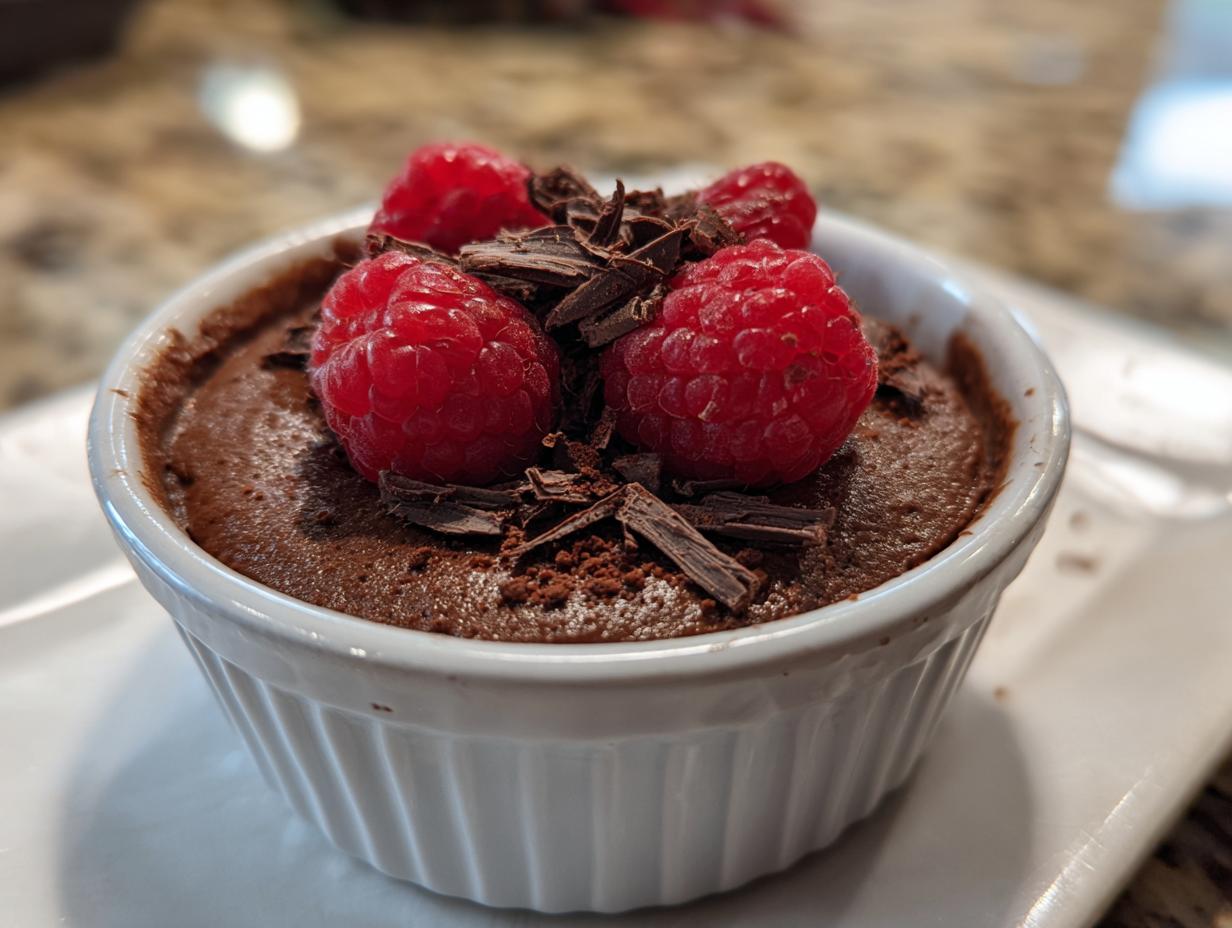 Close-up of a rich, healthy chocolate mousse topped with fresh raspberries and chocolate shavings.