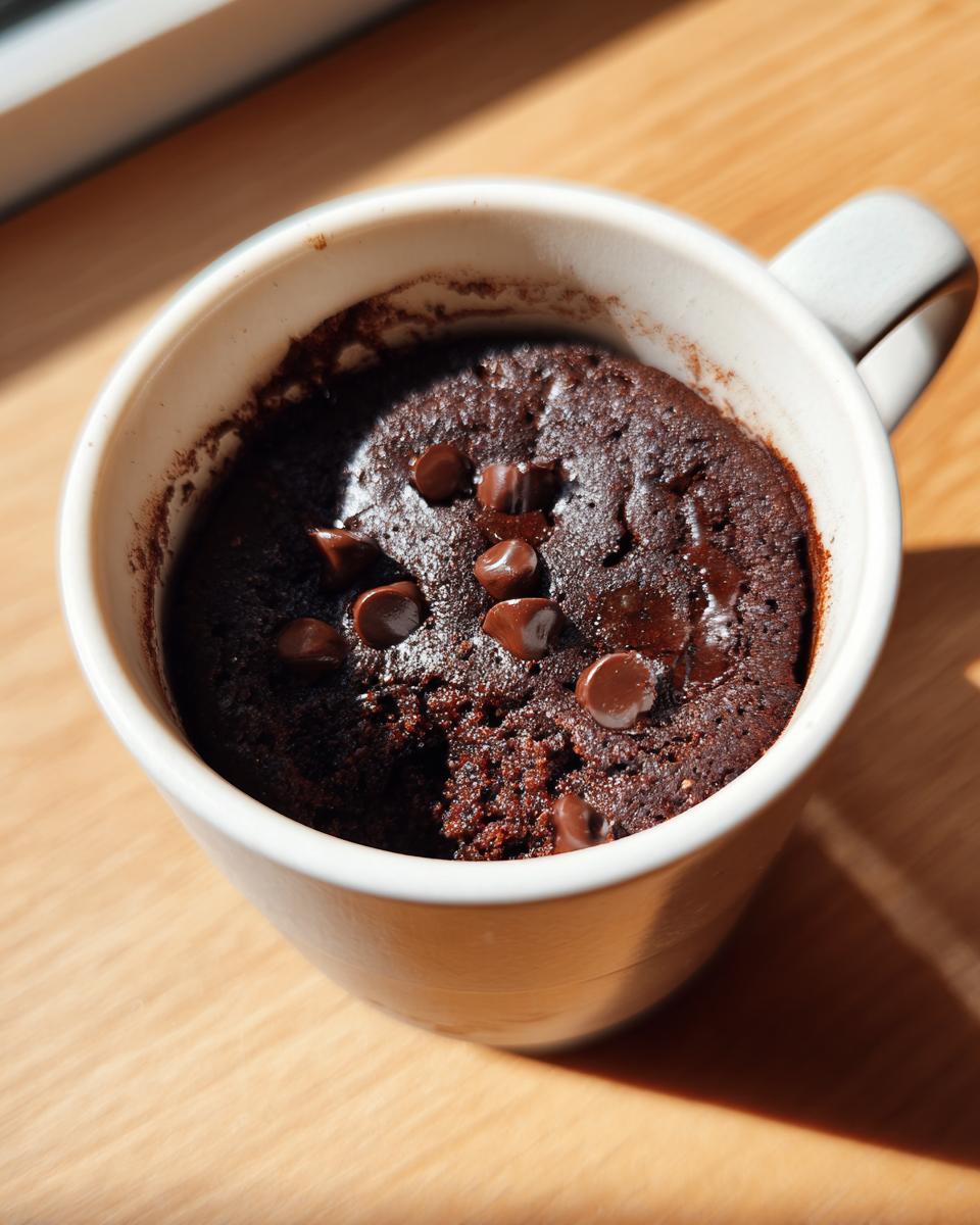 Close-up of a rich, dark Healthy Chocolate Mug Cake topped with melted chocolate chips in a white mug.