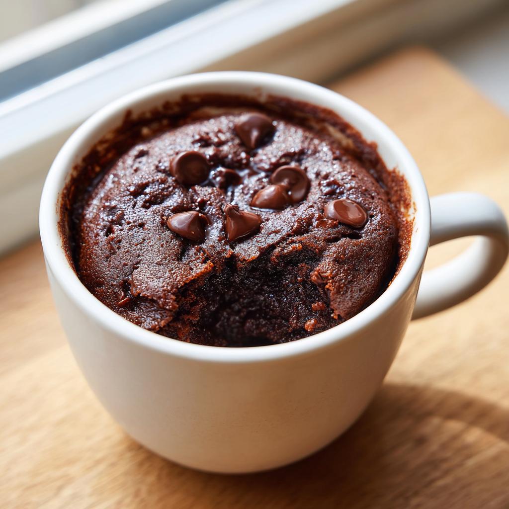 Close-up of a warm Healthy Chocolate Mug Cake topped with melted chocolate chips inside a white mug.