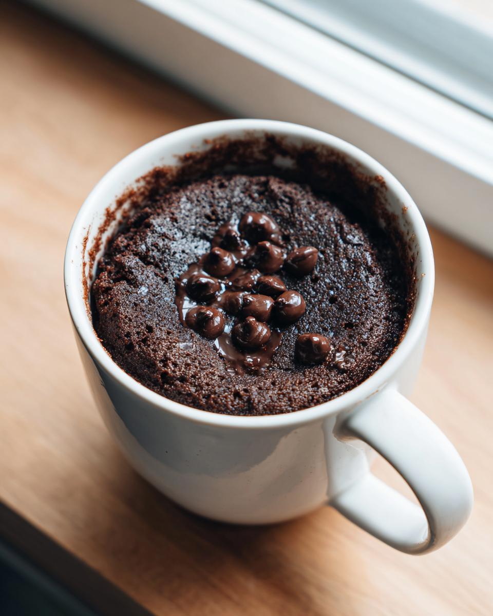 A freshly baked Healthy Chocolate Mug Cake topped with melted chocolate chips in a white mug.