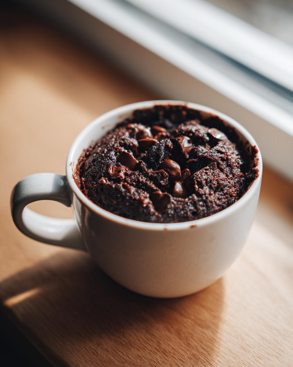A freshly baked Healthy Chocolate Mug Cake topped with melted chocolate chips in a white mug.