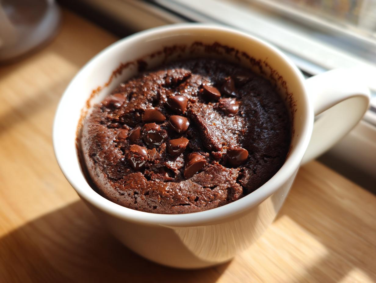 A freshly baked Healthy Chocolate Mug Cake topped with melted chocolate chips in a white mug.