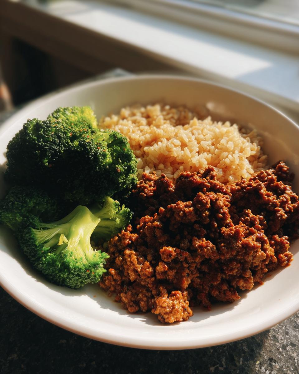 A bowl containing seasoned ground beef recipes, brown rice, and steamed broccoli florets.