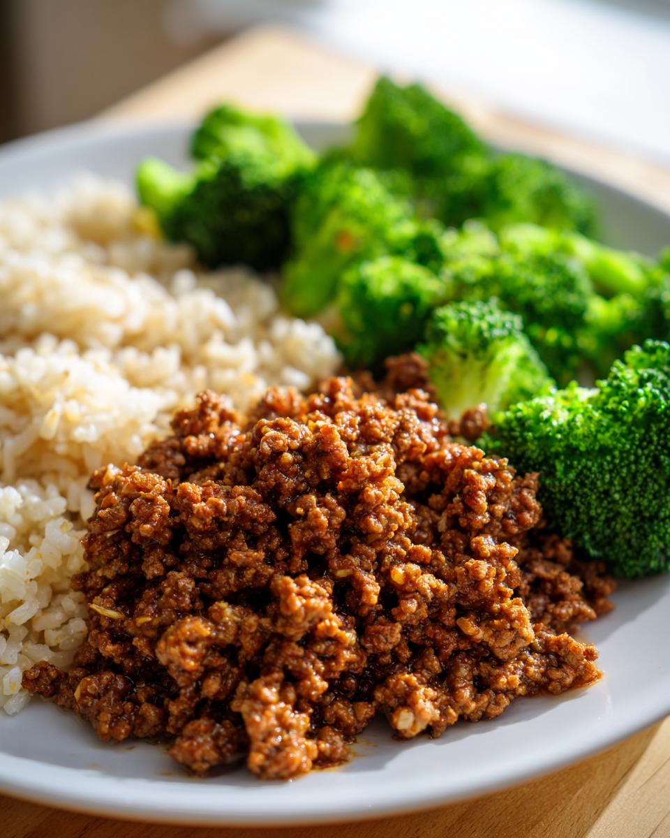A plate featuring seasoned ground beef recipes, brown rice, and bright green steamed broccoli florets.