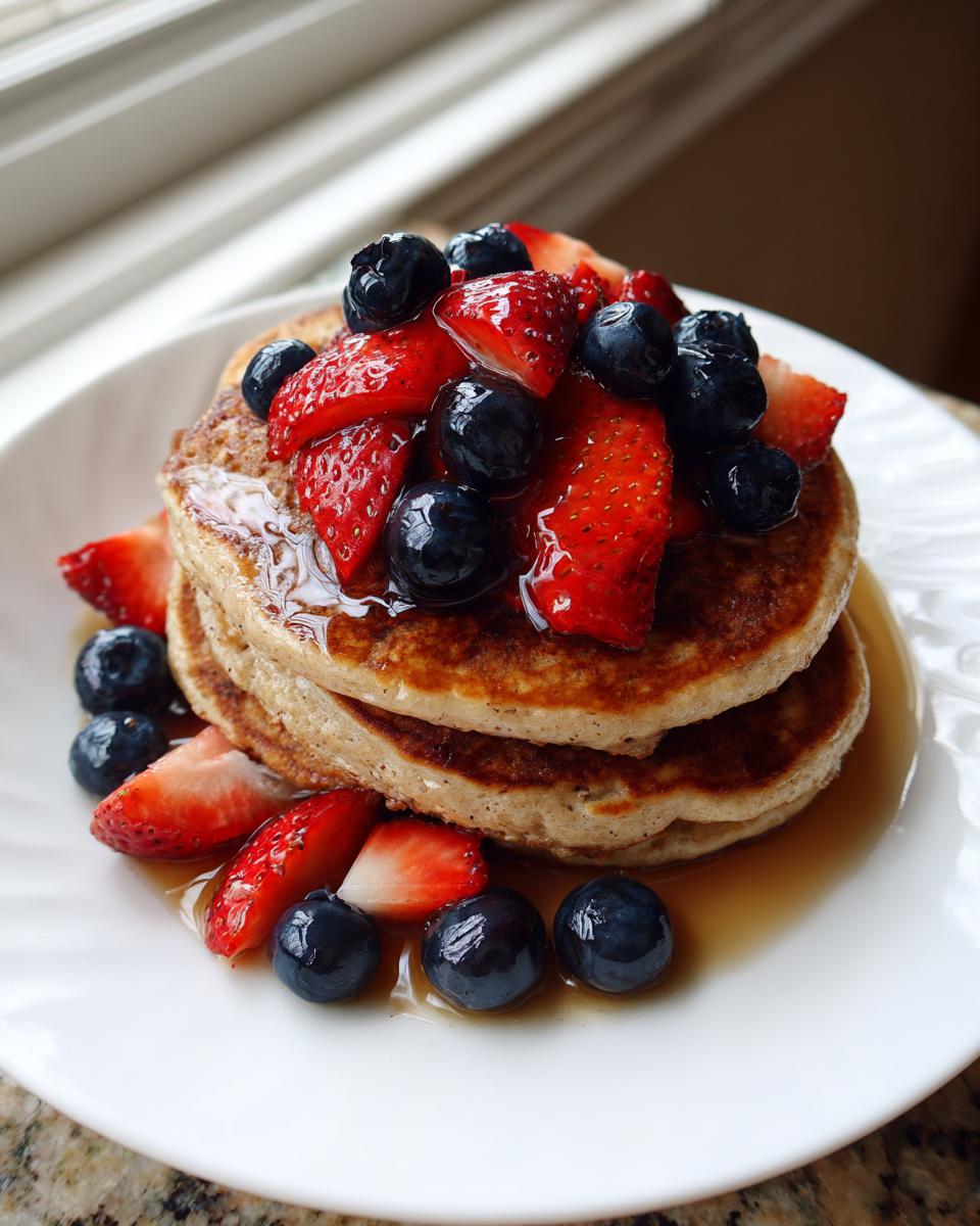 Stack of healthy pancakes topped with fresh strawberries and blueberries, drizzled with syrup.
