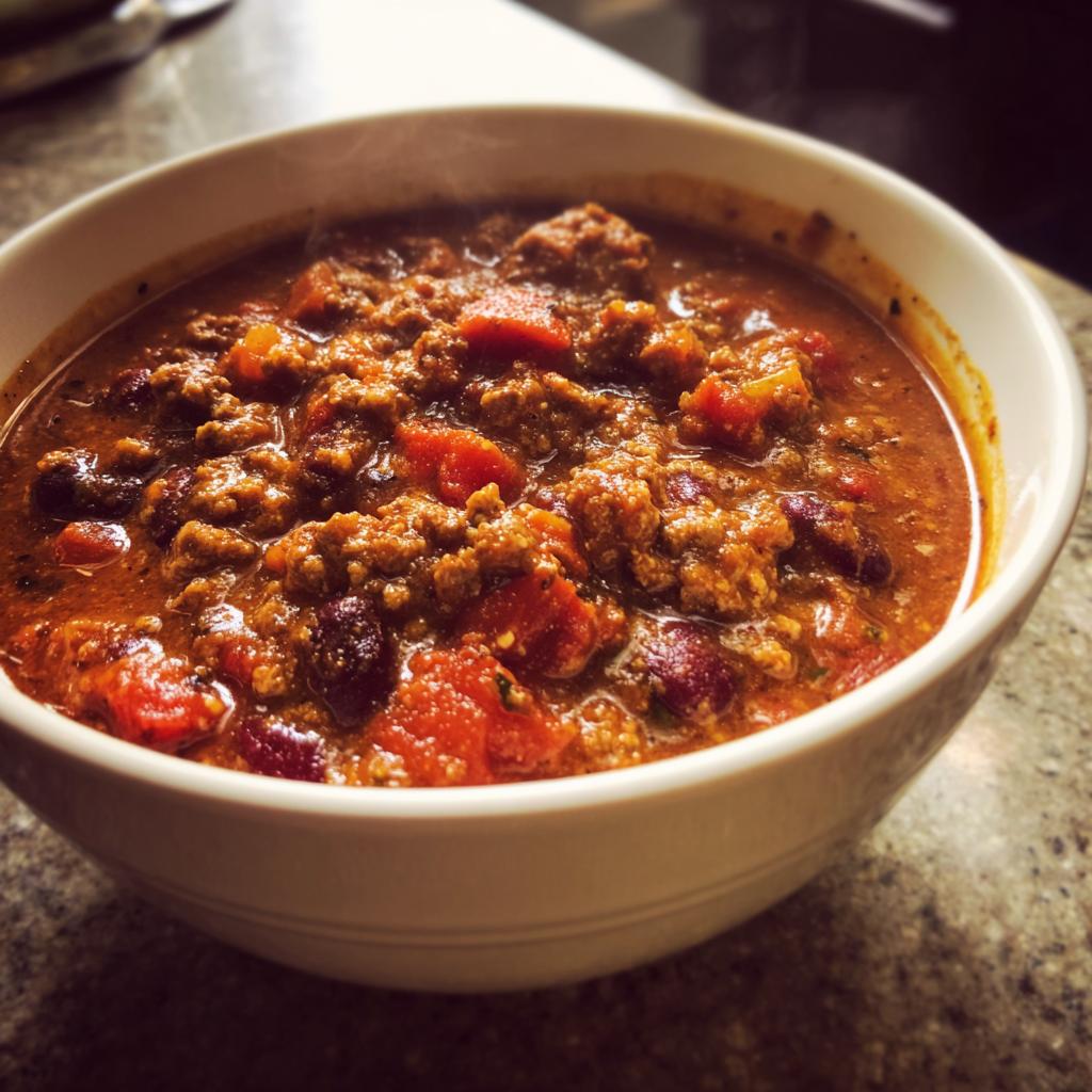 Close-up of a steaming white bowl filled with rich, hearty Healthy Turkey Chili featuring ground meat, beans, and tomatoes.