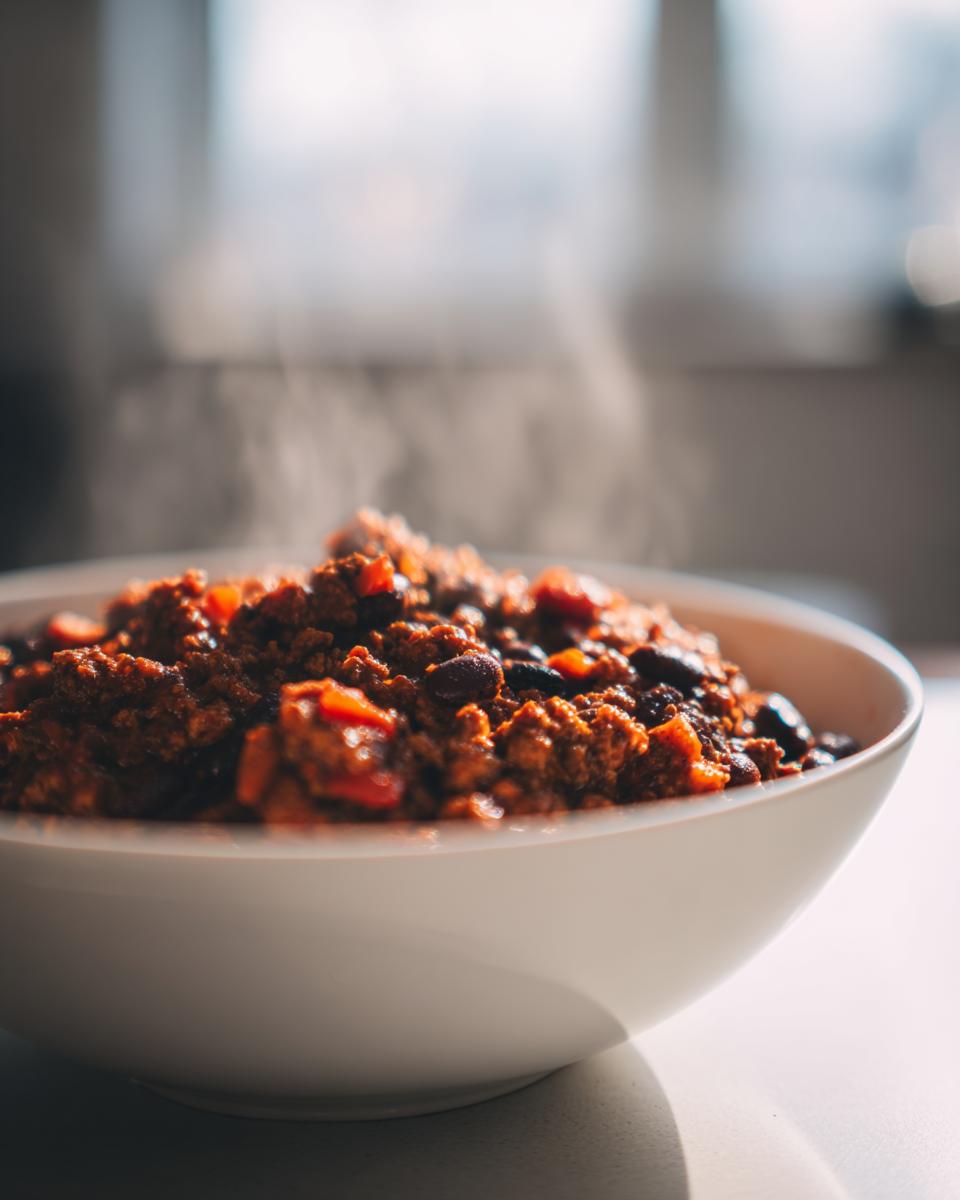 Close-up of a white bowl filled with steaming Healthy Turkey Chili, featuring ground turkey and beans.