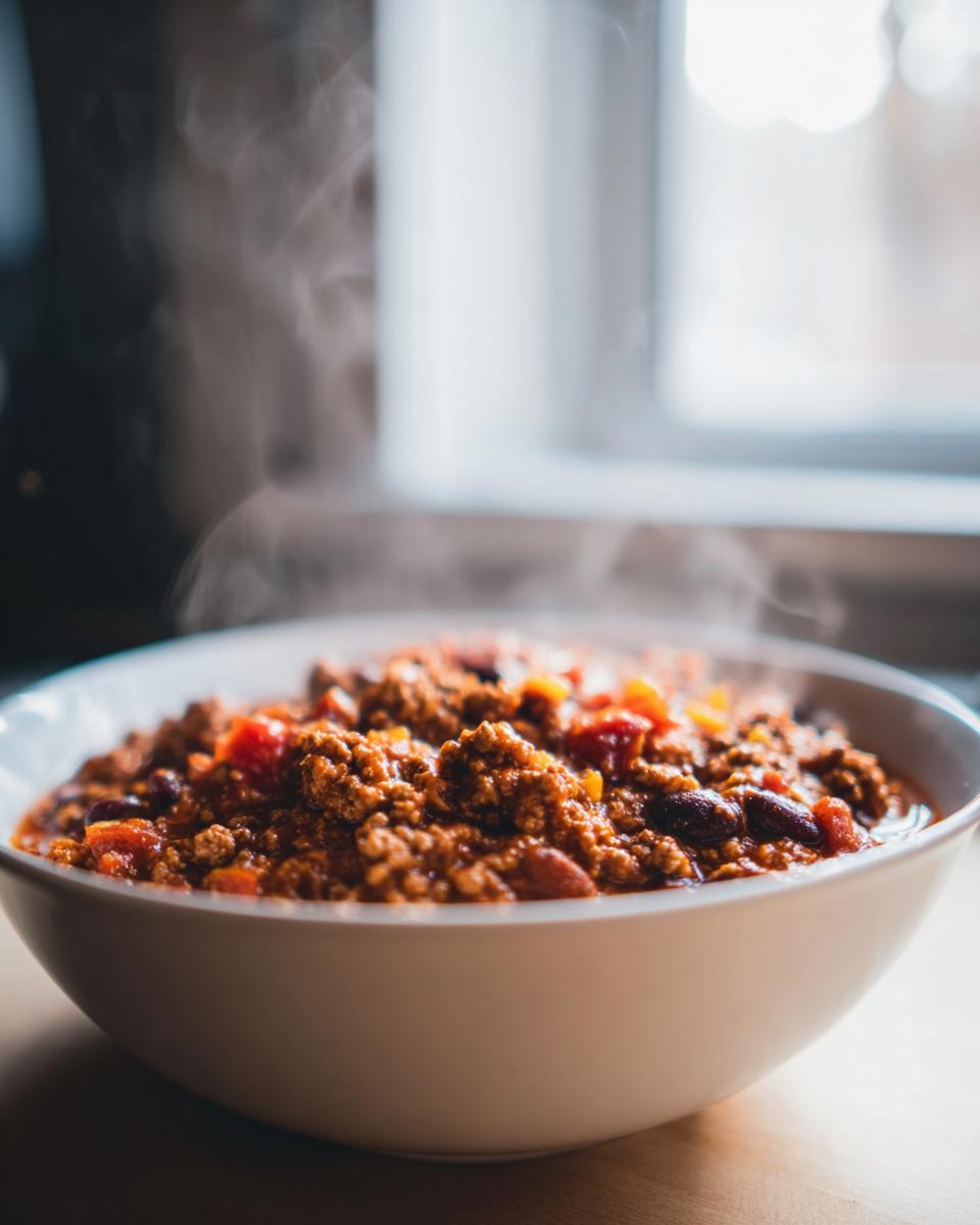 A close-up of a white bowl filled with steaming Healthy Turkey Chili, showing ground meat, beans, and tomatoes.