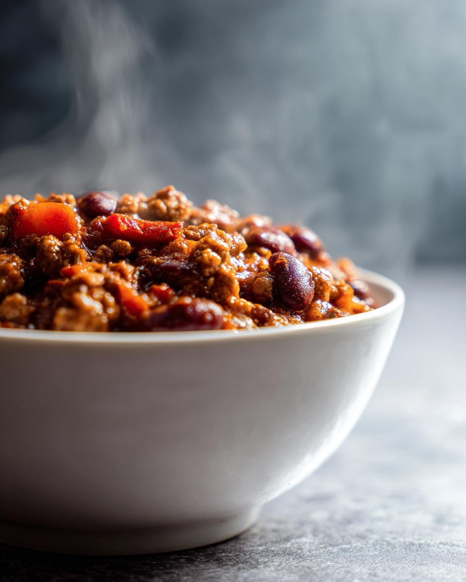 Close-up of a white bowl filled with steaming Healthy Turkey Chili, showing ground meat, kidney beans, and tomatoes.