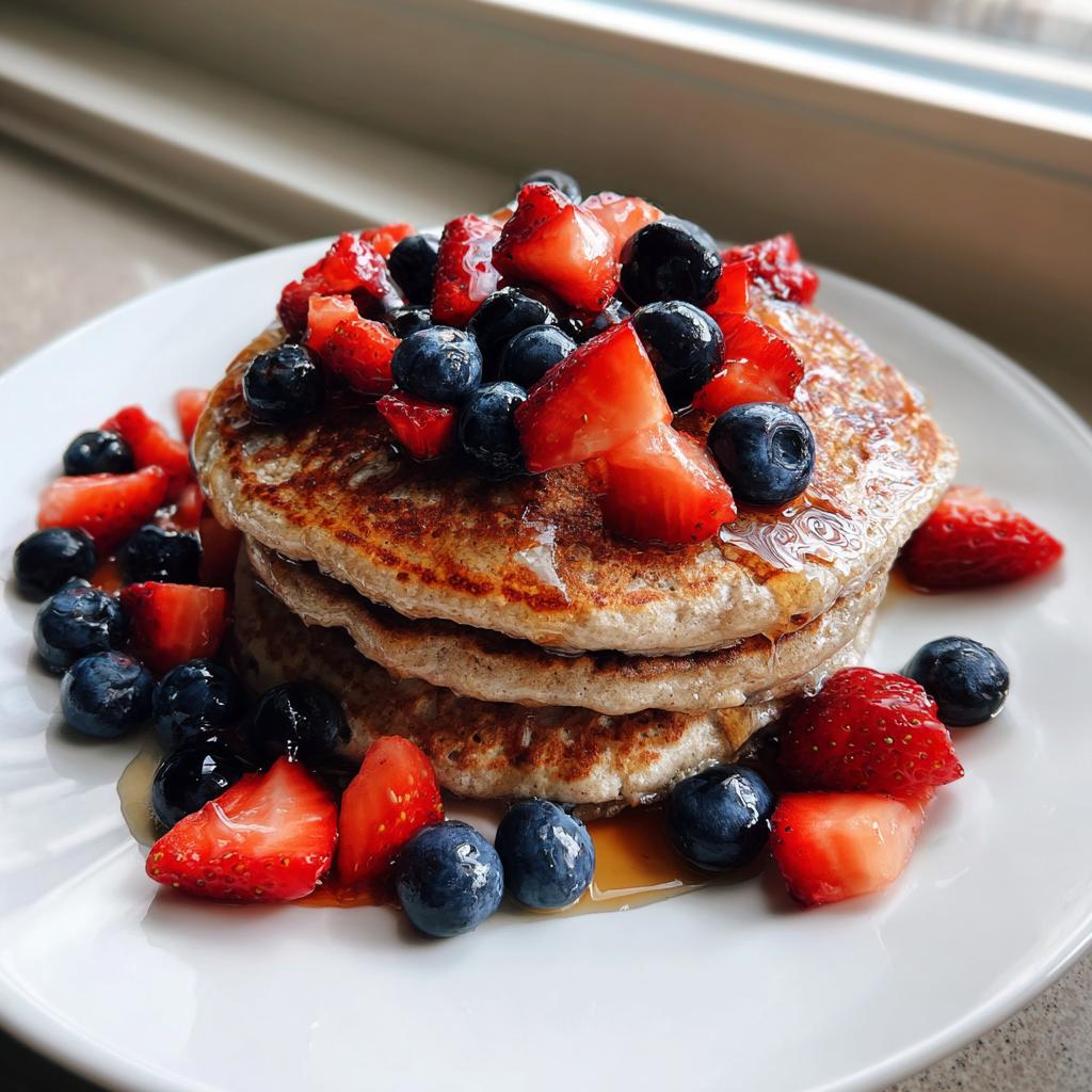 Stack of three healthy pancakes topped generously with fresh strawberries and blueberries, drizzled with syrup.