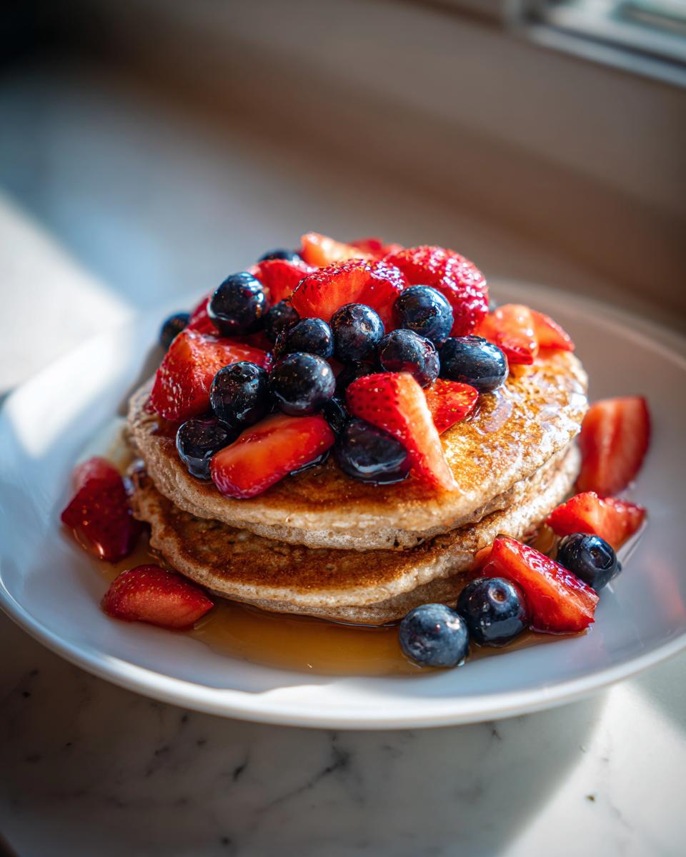 A stack of whole-grain pancakes topped with fresh strawberries and blueberries, drizzled with syrup, perfect for Healthy Valentine’s Breakfast Ideas.