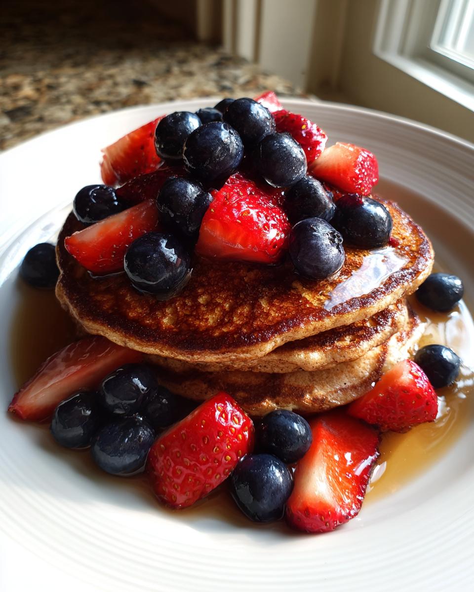 Stack of whole-grain pancakes topped with fresh strawberries and blueberries, drizzled with syrup, perfect for Healthy Valentine’s Breakfast Ideas.
